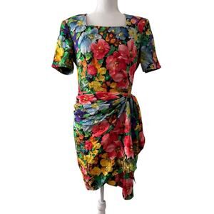 Vintage Albert Nipon Silk Floral Dress Size 12 Faux Wrap‎ Garden Cottage Retro